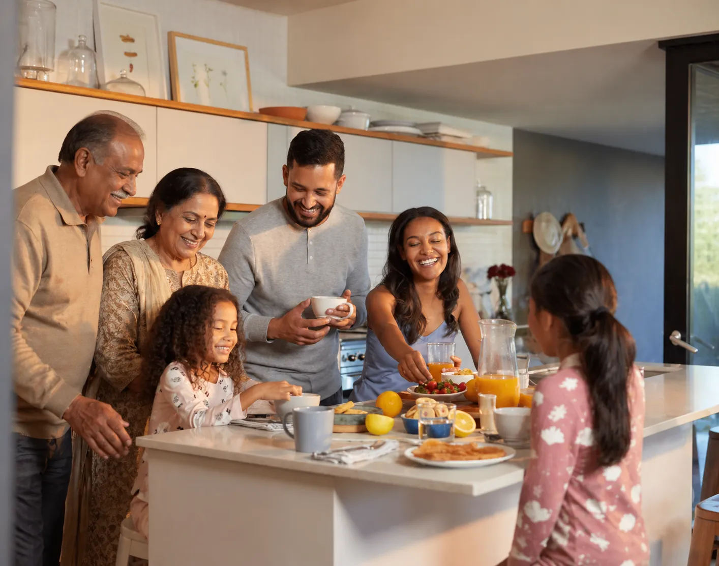 A multigenerational family sharing breakfast together in a sunlit kitchen