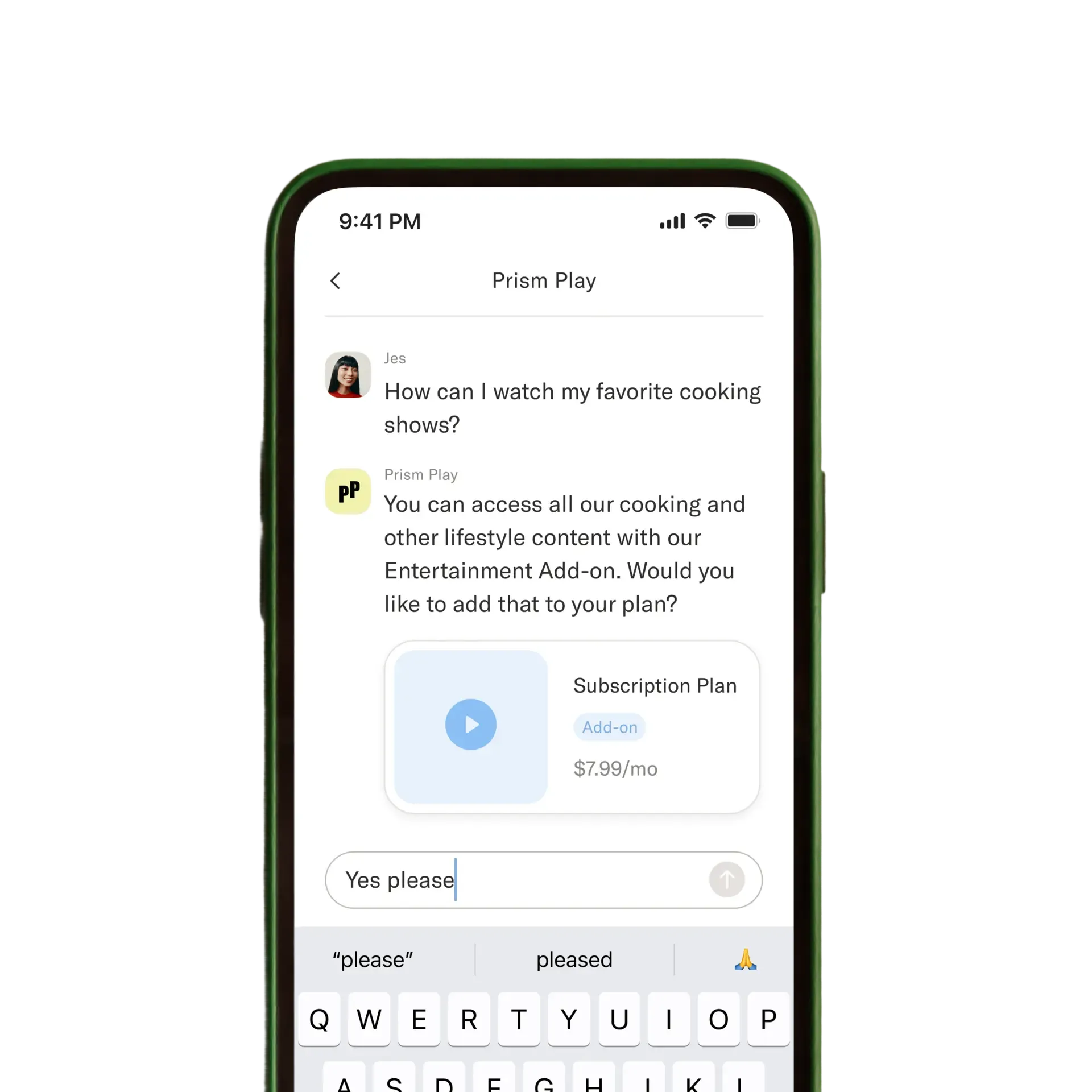 A phone showing the Super Family chat assistant suggesting a content add-on